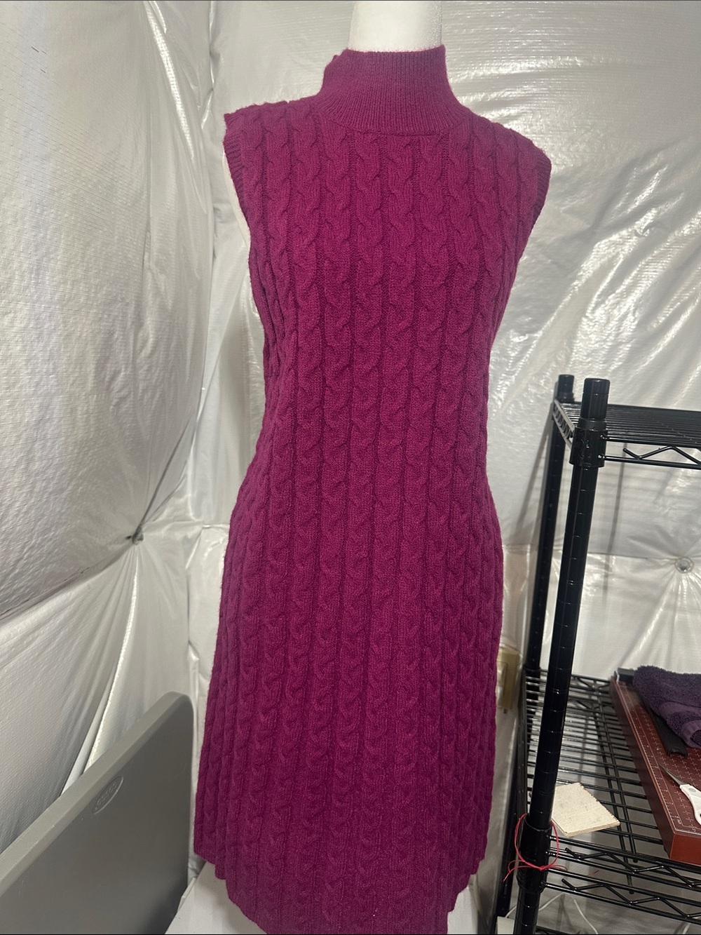 entro Cable Knit Sleeveless Turtleneck Dress in Magenta